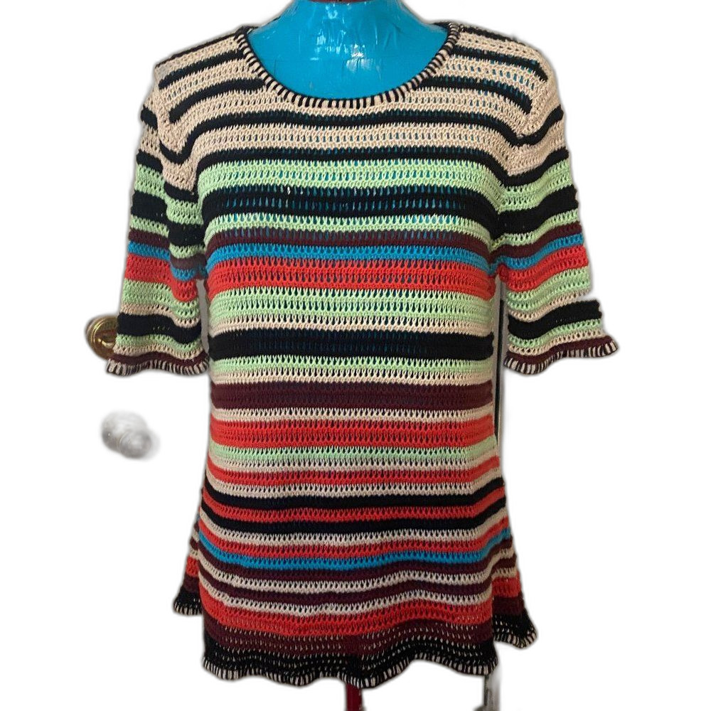 New Direction Boho Knit Short Sleeve Scoop Neck Sweater Womens Size PXL
